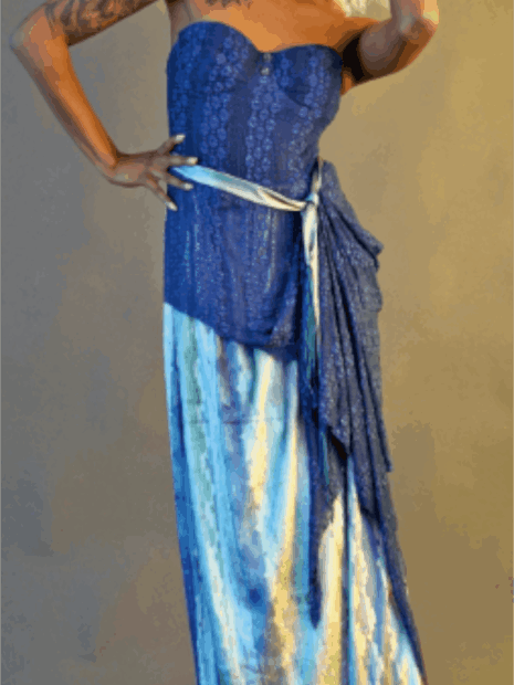 Women's One of a Kind Handmade Vintage Printed Velvet Geometric Blue Visions Gown
