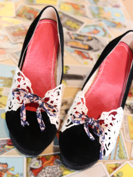 Black Velvet Wedge Crochet Heels