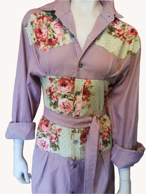 Victoria Garden Beach Button Up Shirt Dress Houndstooth and Roses