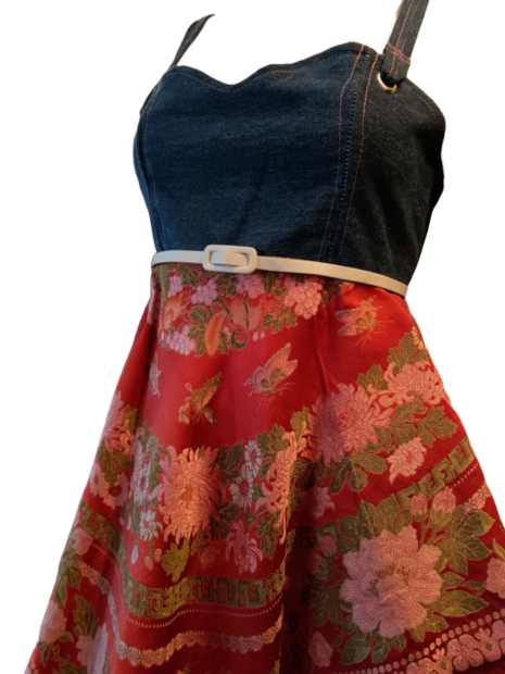 Reclaimed Denim & Silk Floral Scarf Dress Orange
