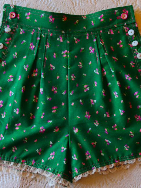 Garden Rose Green Floral Cotton Tap Shorts – Handmade One of a Kind with Vintage Lace & Buttons