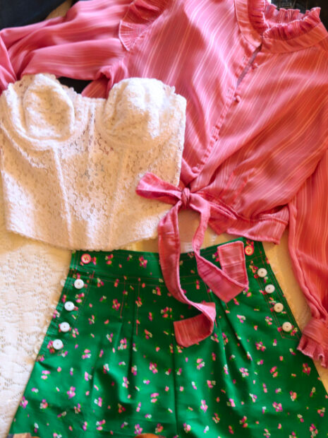 🌹 August Valentine Altered Silks Collection – Handmade Vintage Pinstripe Silk Crop Blouse & Green Floral Tap Shorts Set (One of a Kind)