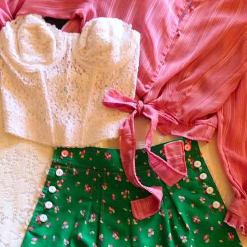 🌹 August Valentine Altered Silks Collection – Handmade Vintage Pinstripe Silk Crop Blouse & Green Floral Tap Shorts Set (One of a Kind)